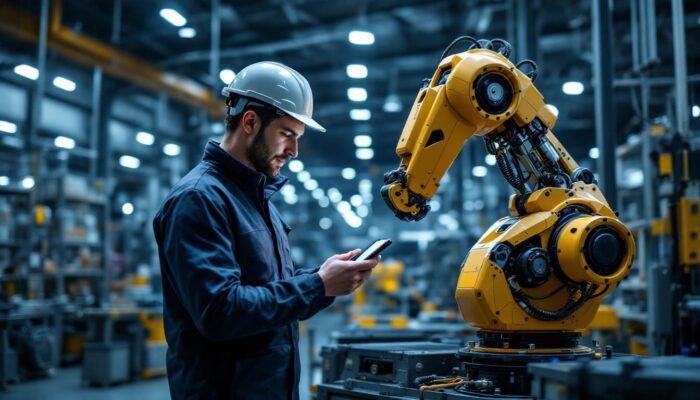 A photograph of a technician using a mobile hotspot to connect an industrial robot in a modern manufacturing facility