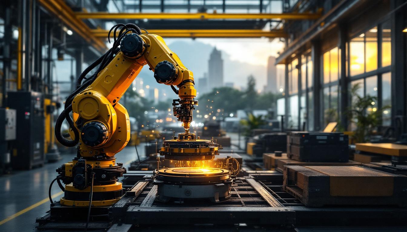 A photograph of a dynamic industrial robot in action at a manufacturing facility