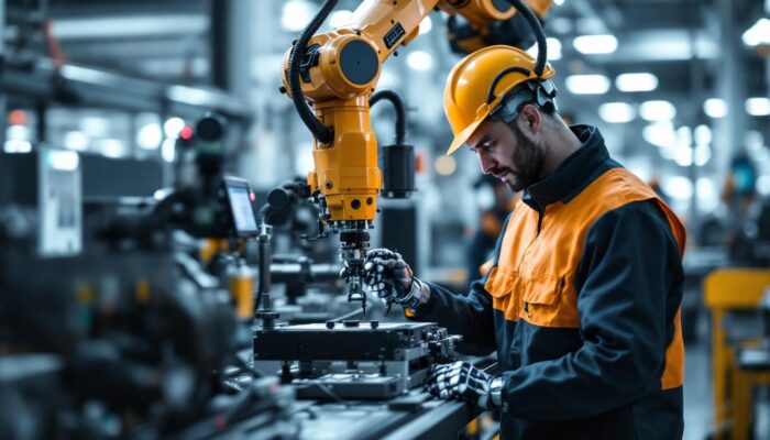 A photograph of a skilled technician programming an industrial robot in a modern manufacturing environment