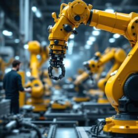 A photograph of a dynamic industrial robotics workspace in boston