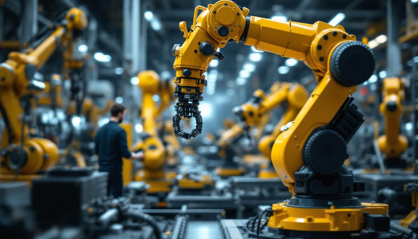 A photograph of a dynamic industrial robotics workspace in boston