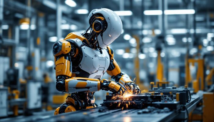 A photograph of a sleek industrial robot in action within a modern manufacturing environment