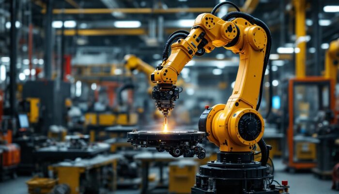 A photograph of capture a photograph of a sleek industrial robotic arm in action within a modern manufacturing facility