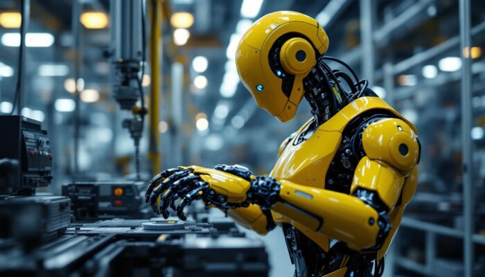 A photograph of a sleek industrial robot in action within a manufacturing environment