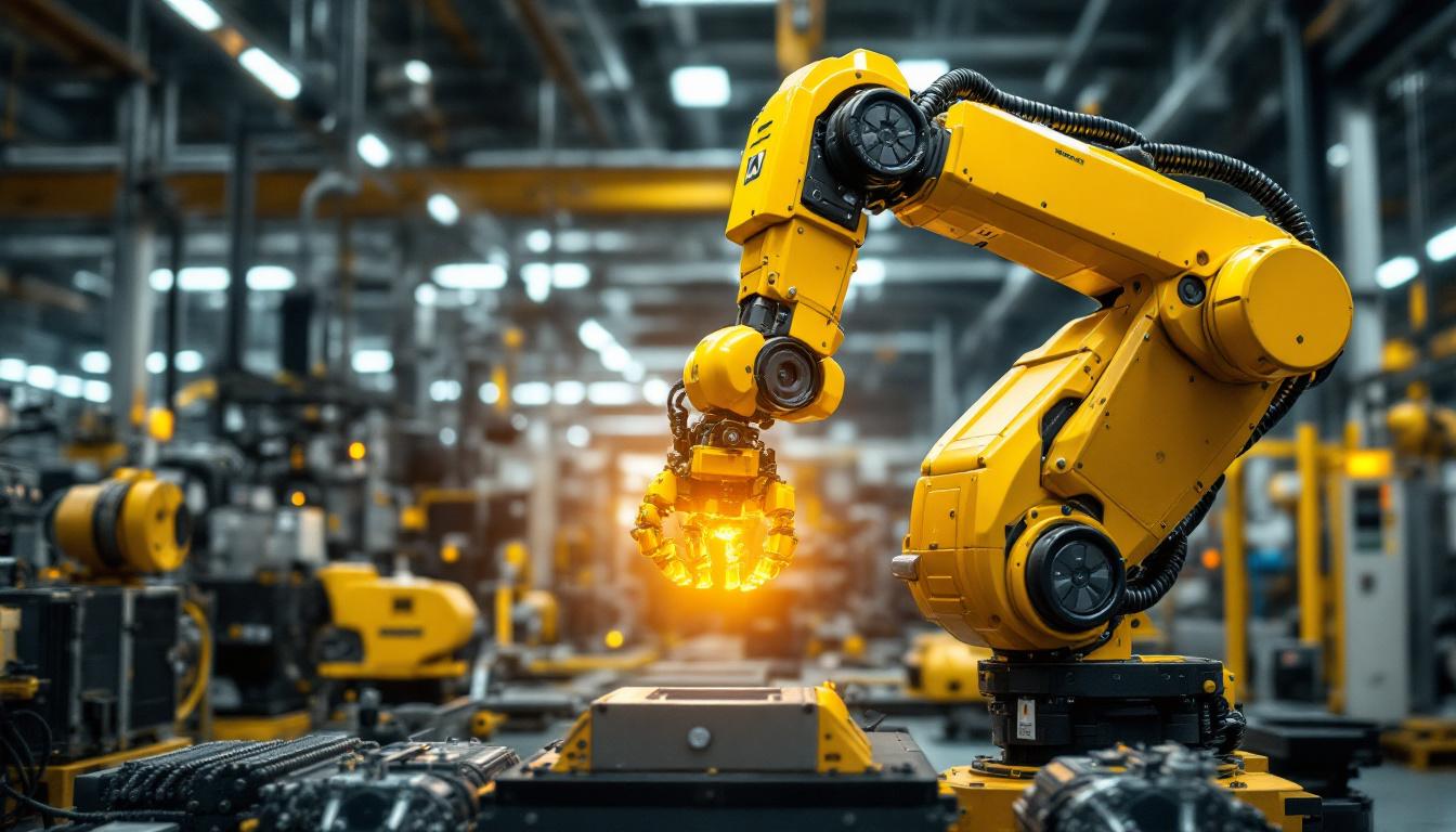 A photograph of a sleek industrial robot in action within a modern manufacturing facility