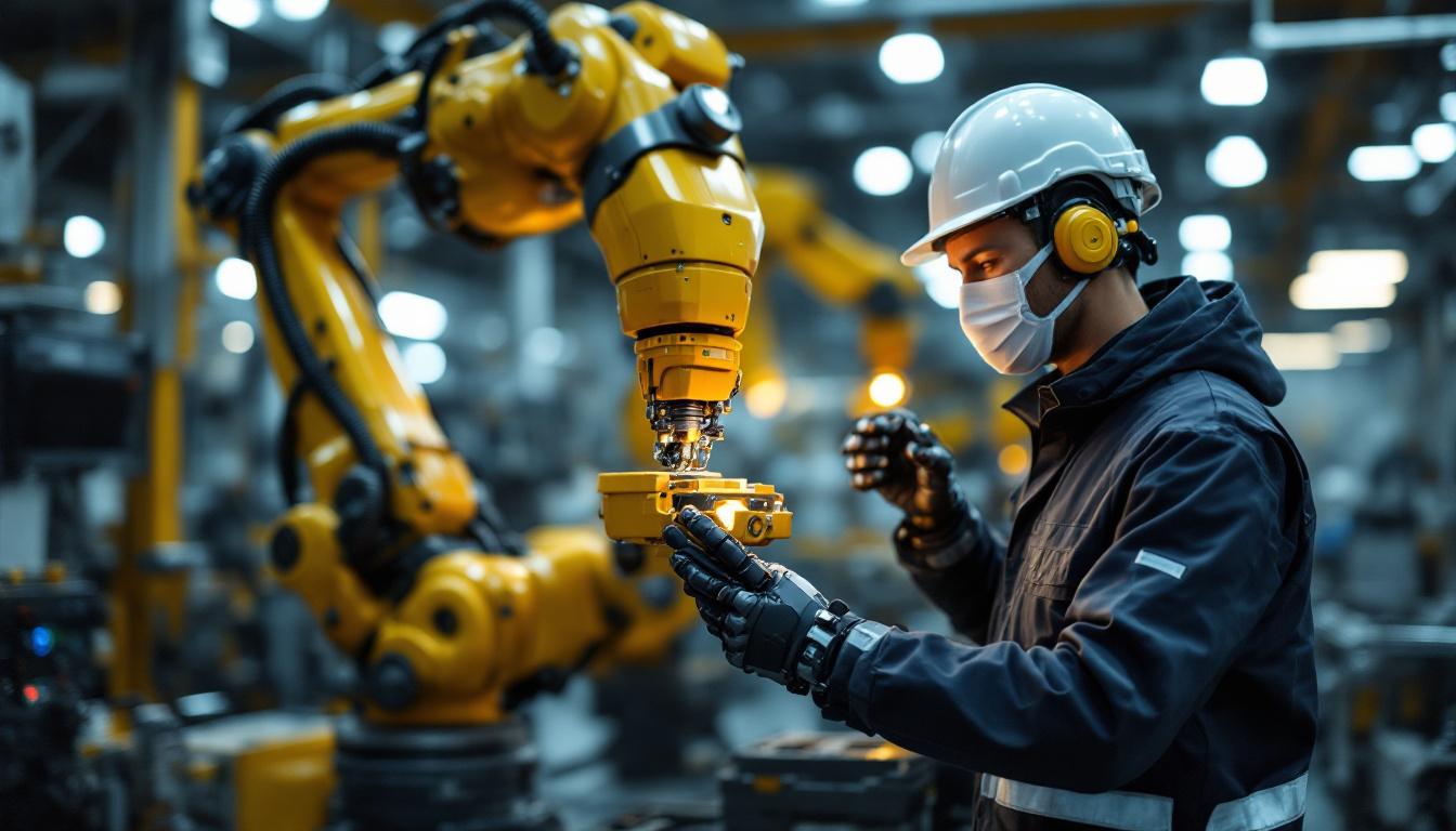 A photograph of a skilled technician operating an industrial robotic arm in a modern manufacturing environment