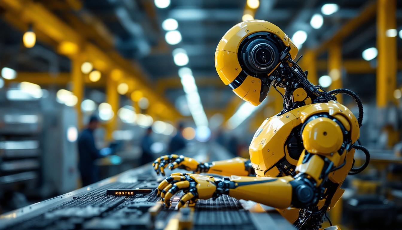 A photograph of a sleek industrial robot in action within a manufacturing setting