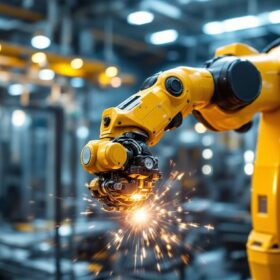 A photograph of capture a photograph of a modern industrial robotic arm in action within the national grid hq