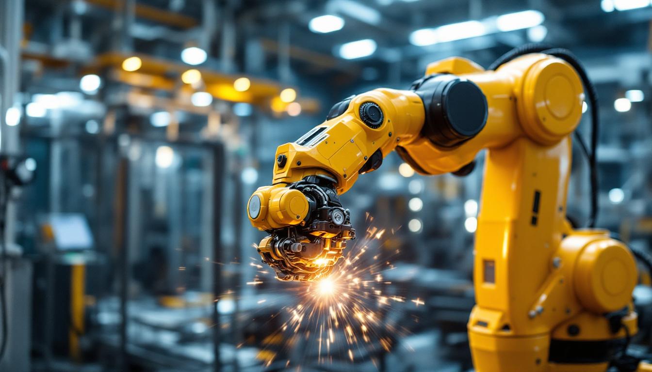 A photograph of capture a photograph of a modern industrial robotic arm in action within the national grid hq