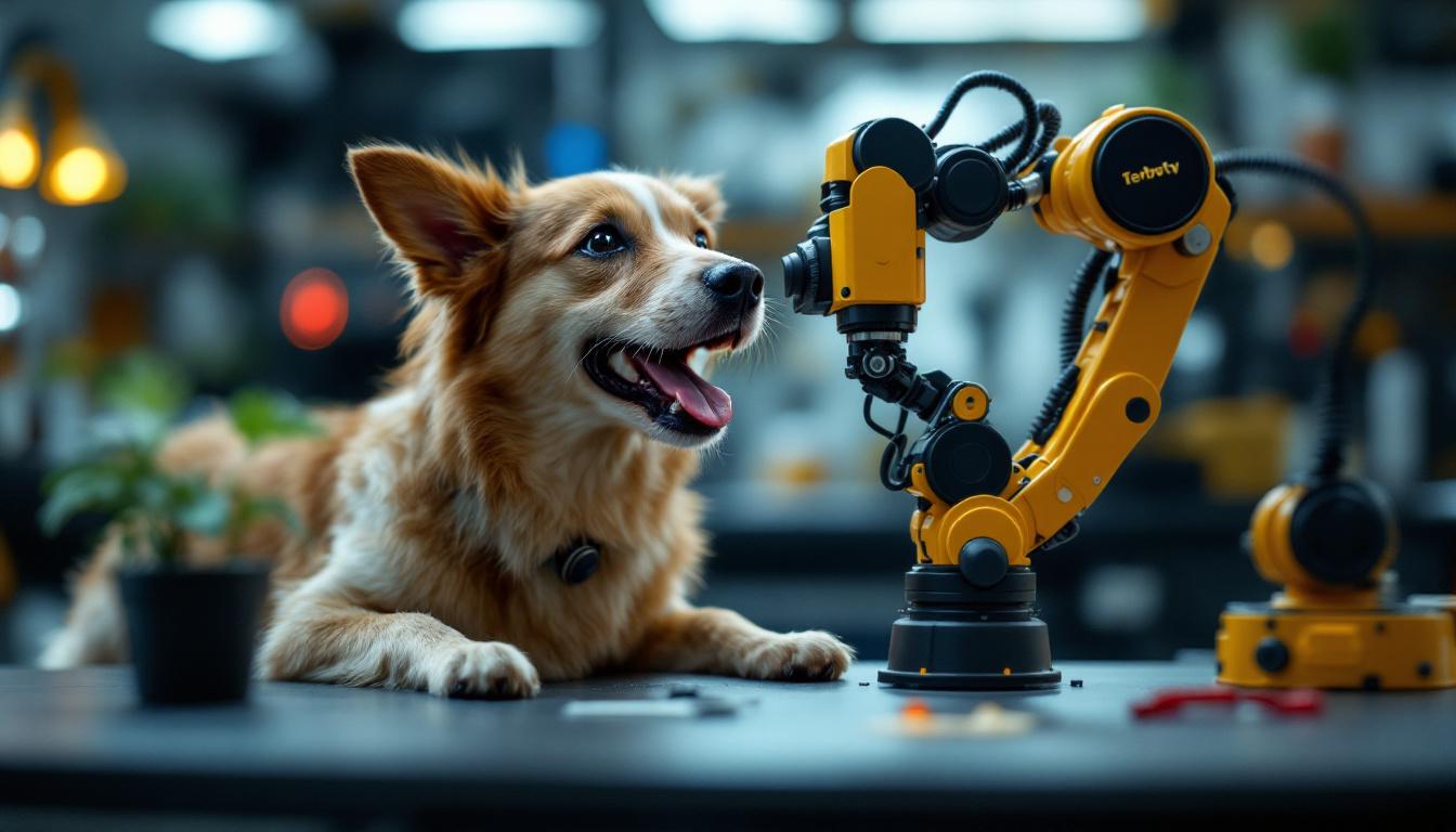 A photograph of a playful dog interacting with a robotic arm or device in a science lab setting