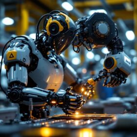 A photograph of a sleek industrial robot in action within a manufacturing setting