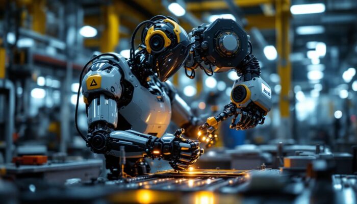 A photograph of a sleek industrial robot in action within a manufacturing setting