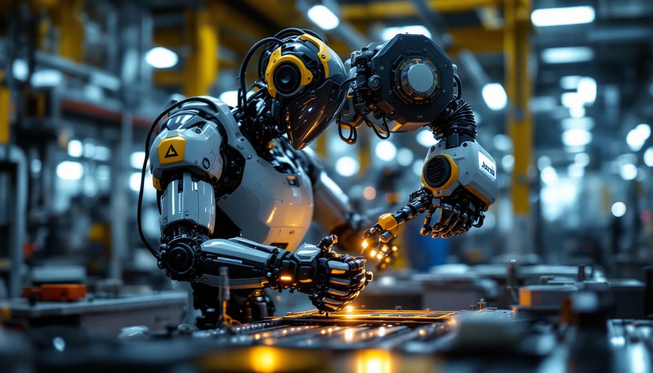 A photograph of a sleek industrial robot in action within a manufacturing setting