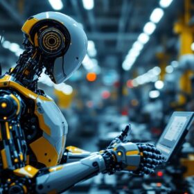A photograph of a sleek industrial robot in action