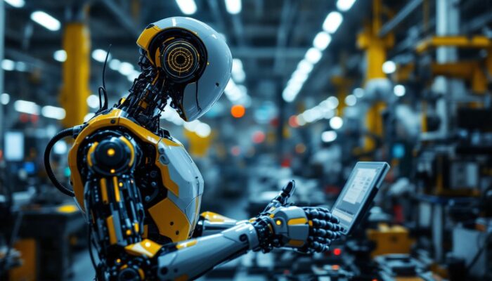 A photograph of a sleek industrial robot in action