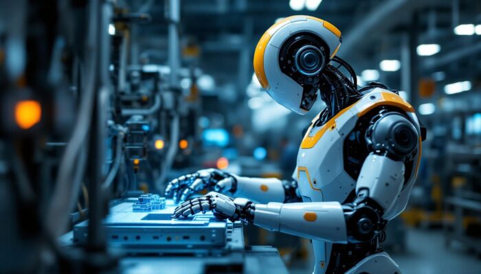 A photograph of a sleek industrial robot in action within a modern manufacturing environment