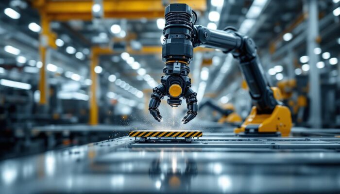 A photograph of a sleek industrial robotic arm in action