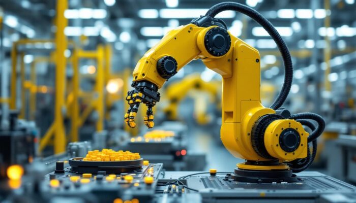 A photograph of capture a photograph of a sleek industrial robotic arm in action within a semiconductor manufacturing facility