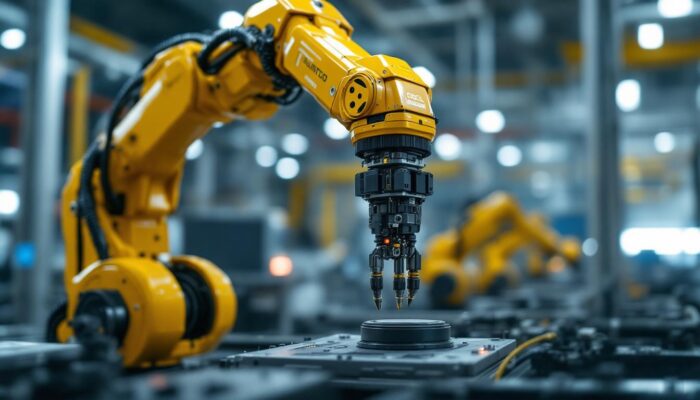 A photograph of a modern industrial robotic arm in action within a manufacturing environment