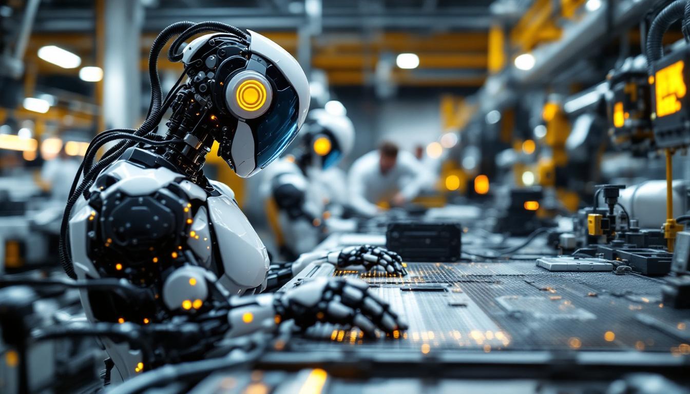 A photograph of a sleek industrial robot in action within a modern manufacturing environment