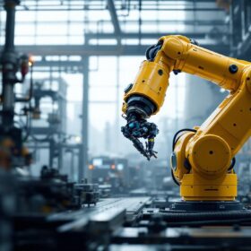 A photograph of a robotic arm engaged in a precision task within a high-tech industrial setting