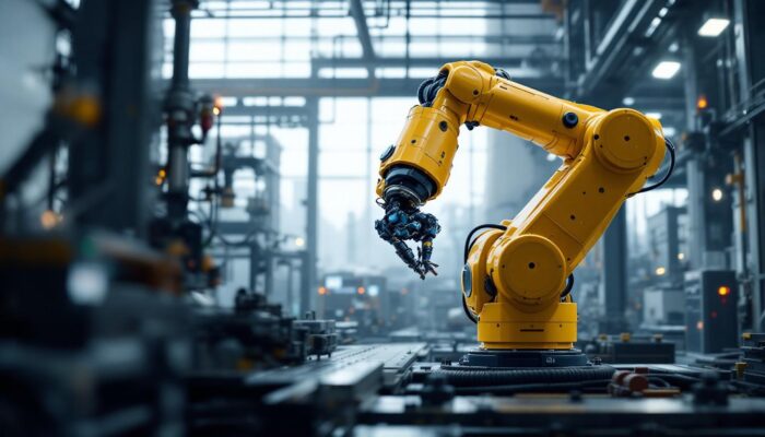 A photograph of a robotic arm engaged in a precision task within a high-tech industrial setting