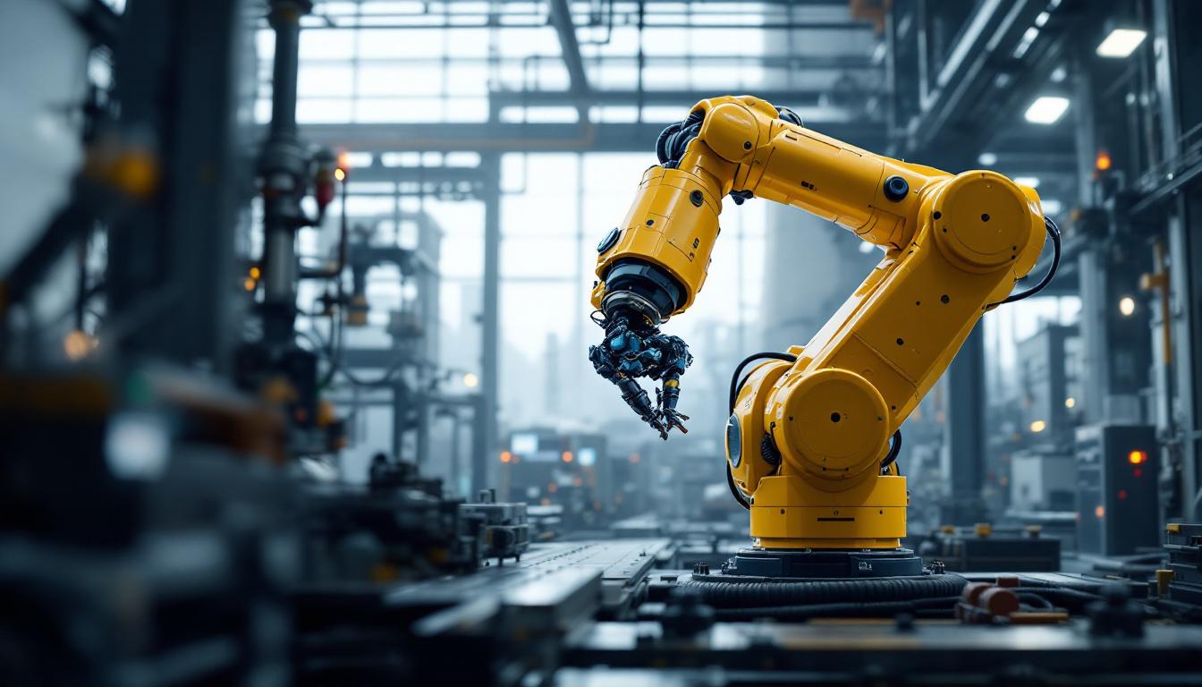 A photograph of a robotic arm engaged in a precision task within a high-tech industrial setting