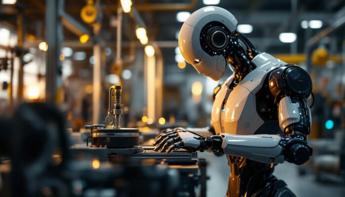 A photograph of a sleek industrial robot in action within a modern manufacturing environment