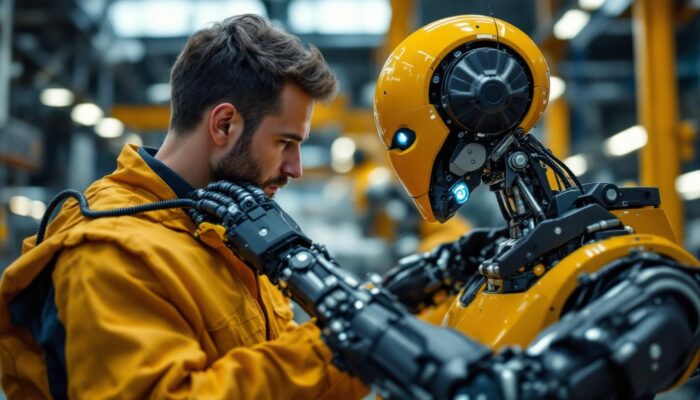 A photograph of a skilled technician closely examining an industrial robot in a modern manufacturing setting