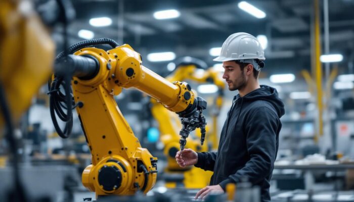 A photograph of a young software engineer interacting with an industrial robotic arm in a modern workspace