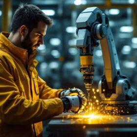 A photograph of a skilled technician interacting with a state-of-the-art industrial robot in a modern manufacturing environment