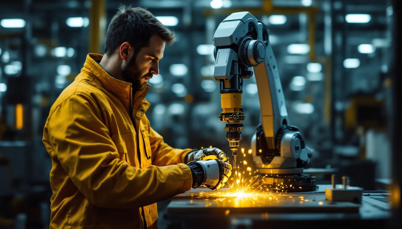 A photograph of a skilled technician interacting with a state-of-the-art industrial robot in a modern manufacturing environment