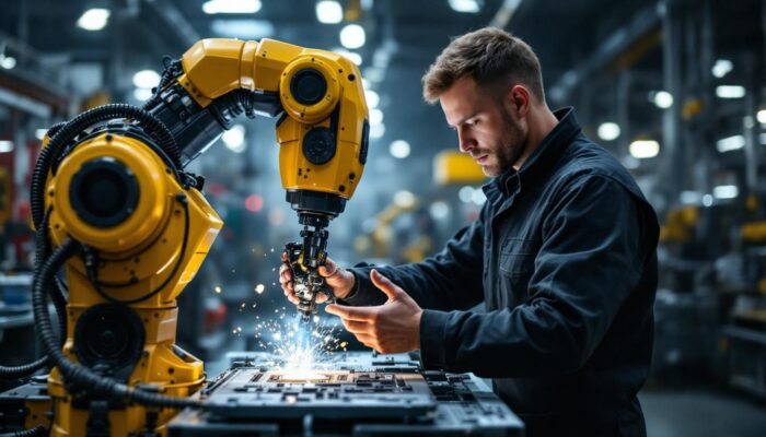 A photograph of a skilled technician interacting with an industrial robot in a dynamic workspace