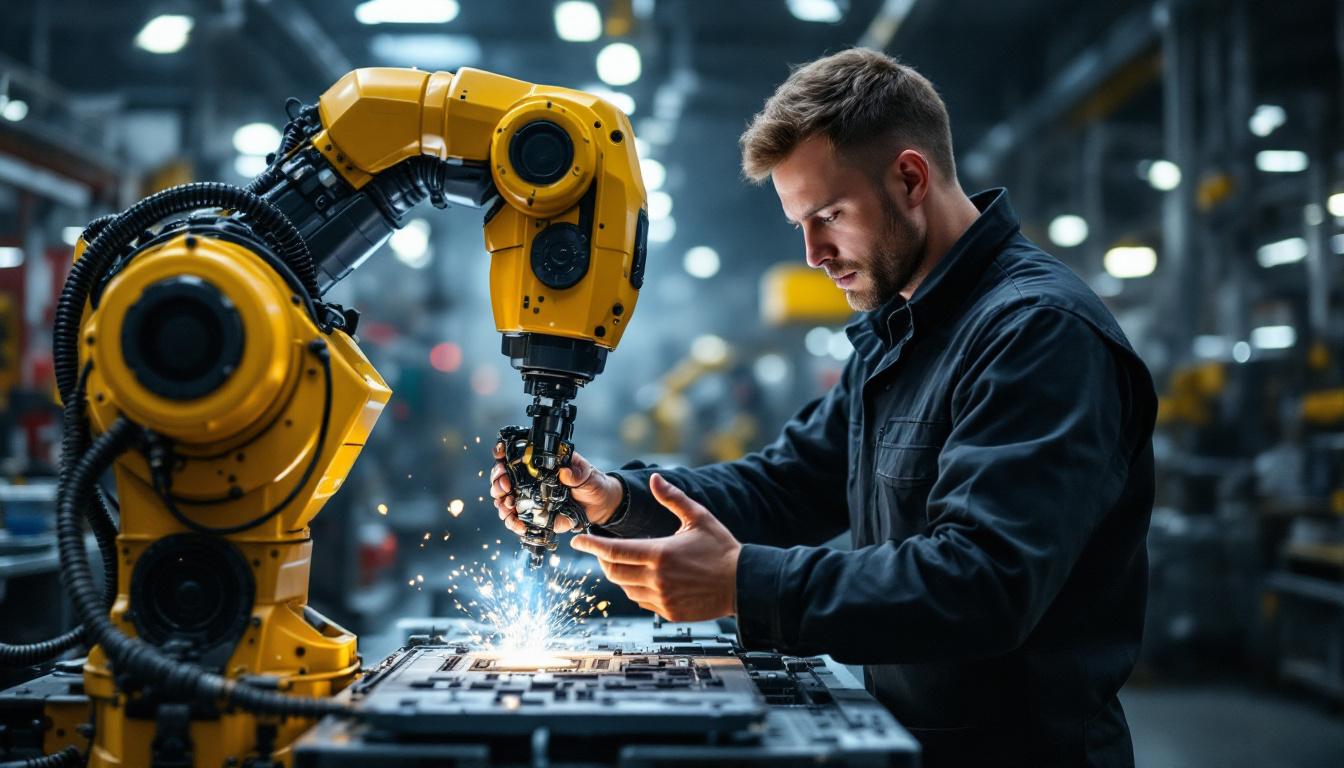 A photograph of a skilled technician interacting with an industrial robot in a dynamic workspace