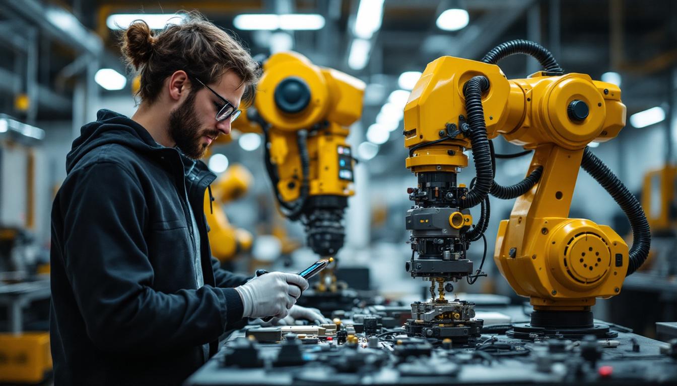 A photograph of a civil engineering student at boston university working with an industrial robot in a lab setting