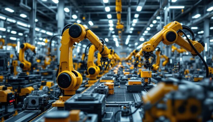 A photograph of a modern industrial robotics facility showcasing various robotic arms in action