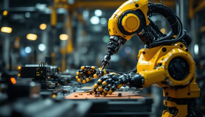 A photograph of a dynamic industrial robot in action