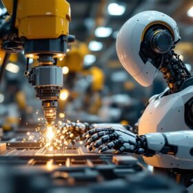 A photograph of a modern industrial robot in action within a manufacturing environment