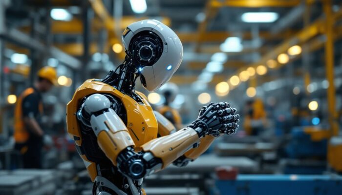 A photograph of a modern industrial robot in action within a manufacturing setting