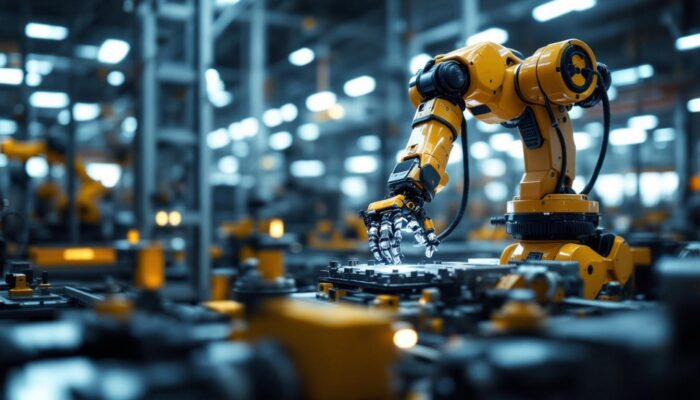 A photograph of a sleek industrial robot in action on a factory floor