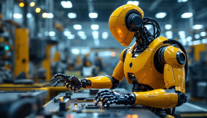 A photograph of a sleek industrial robot in action