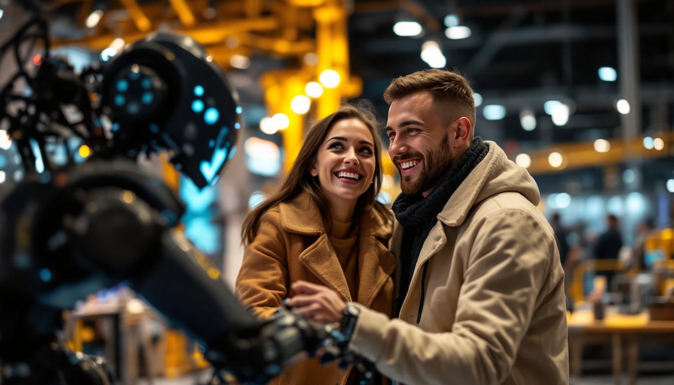 A photograph of a couple engaging in a fun and interactive date activity at a robotics exhibition in boston