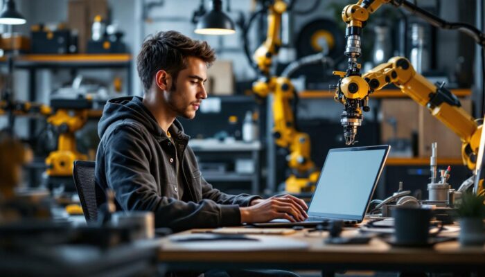 A photograph of a young professional working on a laptop in a modern home office