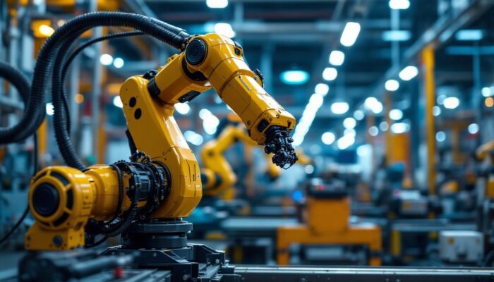 A photograph of capture a photograph of a sleek industrial robotic arm in action