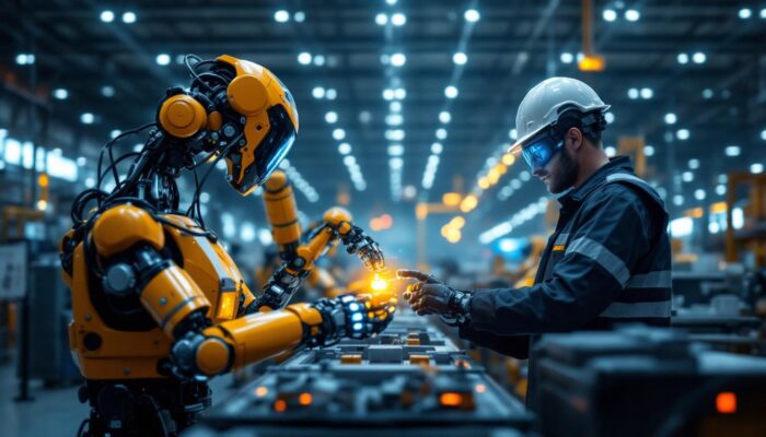A photograph of a modern warehouse environment showcasing industrial robots in action