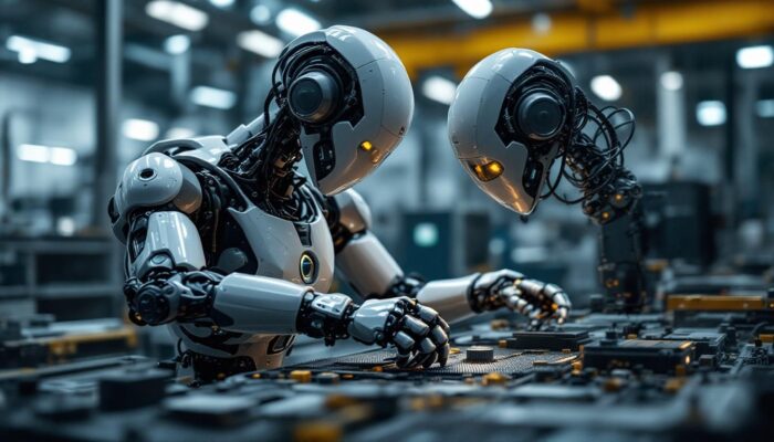 A photograph of a sleek industrial robot in action