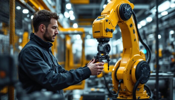 A photograph of a skilled technician interacting with a sophisticated industrial robotic arm in a modern manufacturing setting