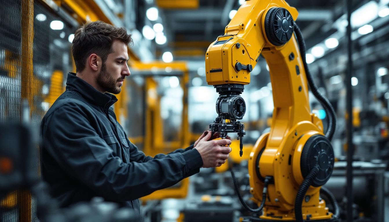 A photograph of a skilled technician interacting with a sophisticated industrial robotic arm in a modern manufacturing setting