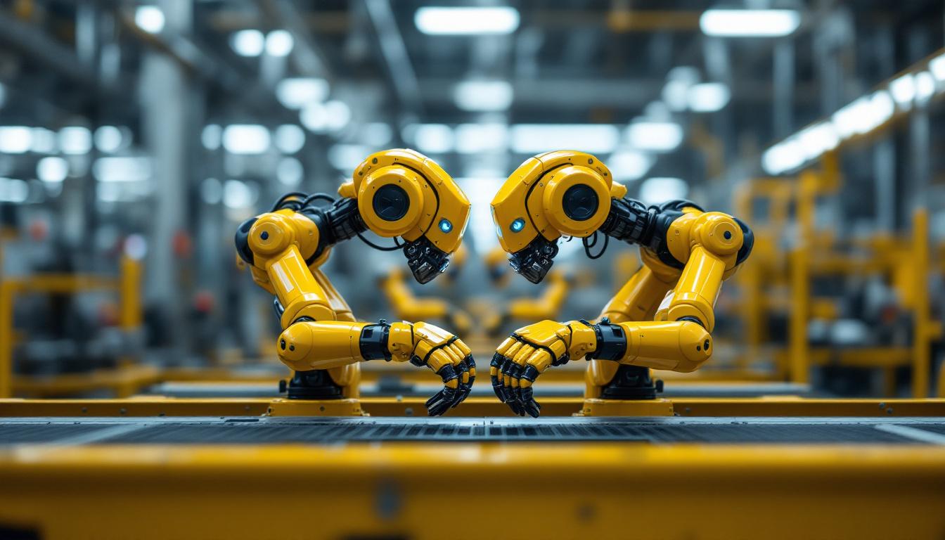 A photograph of capture a photograph of two identical industrial robots working in tandem on an assembly line