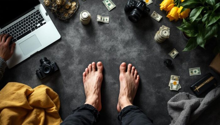 A photograph of a pair of feet artistically positioned on a textured surface
